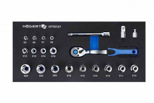 Wkładka EVA, nasadeki E-TORX i grzechotka 3/8" 22el.